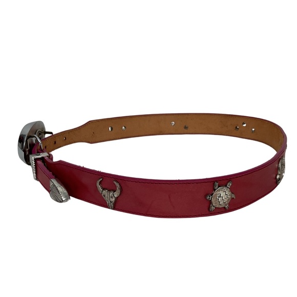 Vintage Red Leather Belt Animal Studs & Custom Skull Buckle Western Biker